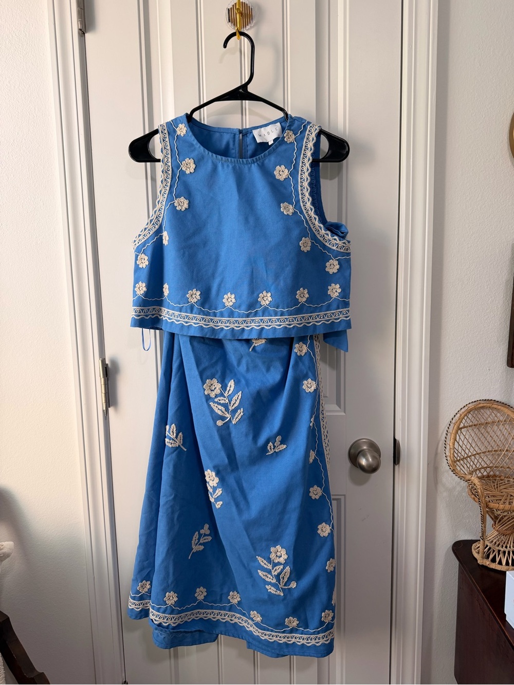 Embroidered Sleeveless Floral Blue & White Blouse and Maxi Skirt